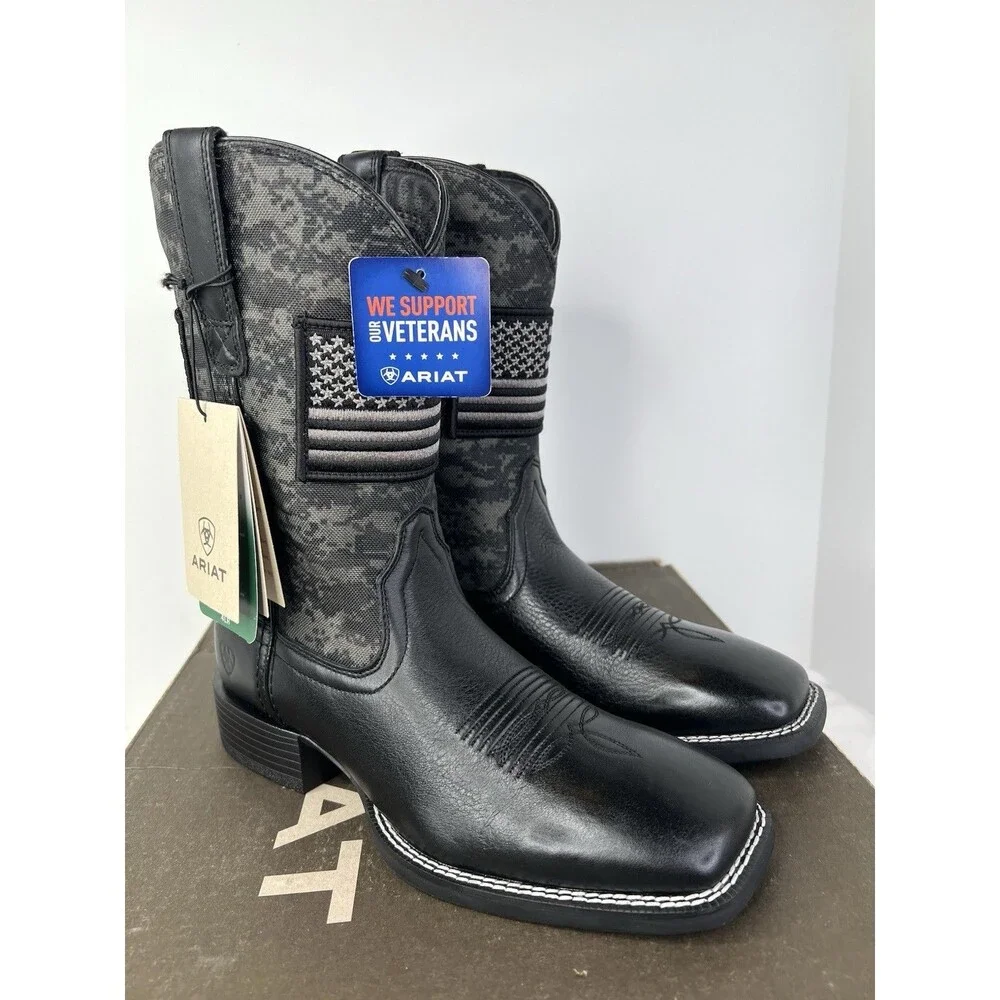 ARIAT Sport Patriot Square Toe Cowboy Boots Mens Size 8.5 D Black Camo Flag New